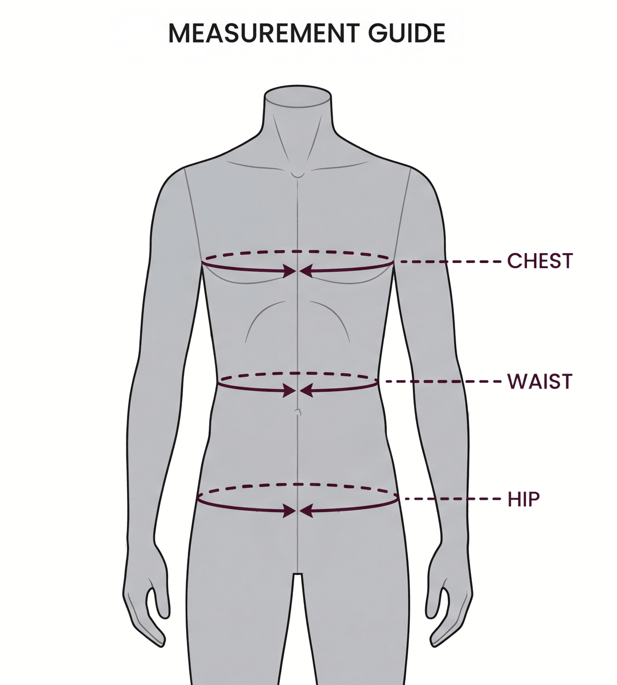 Measurement guide showing chest, waist, and hip measurements
